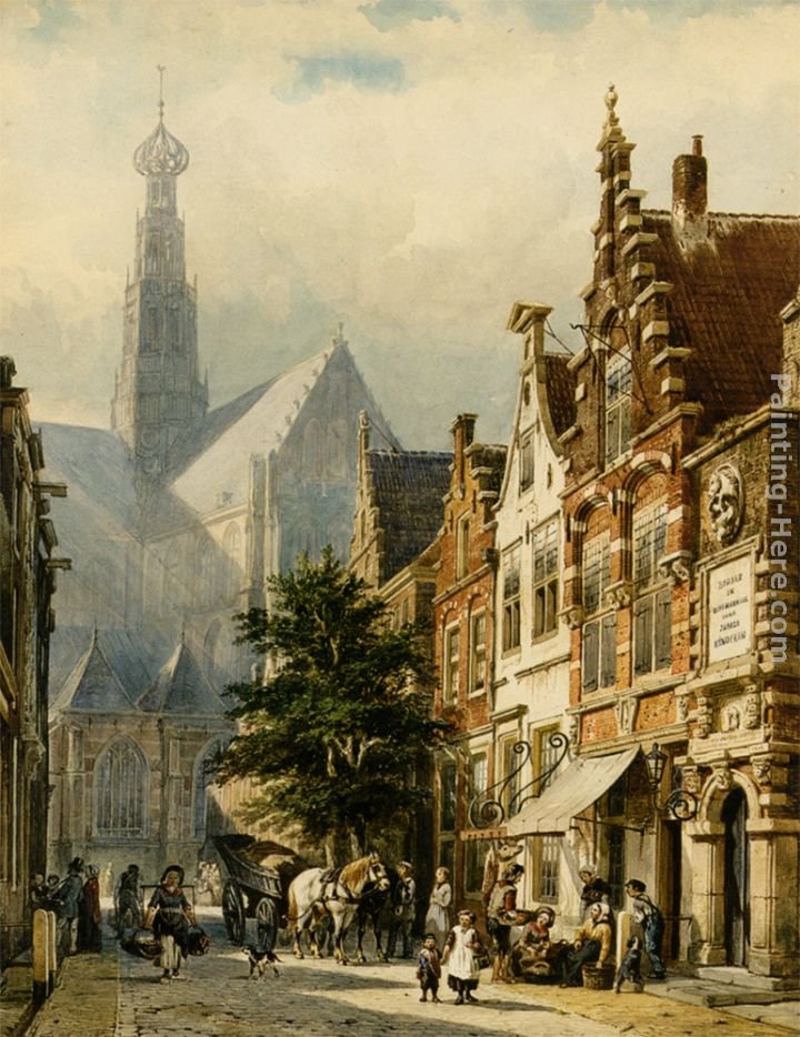 Cornelis Springer Manu figures in the streets of Haarlem